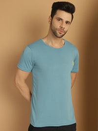 Mack Jonney Round Neck Cotton Solid Blue T-Shirt for Men