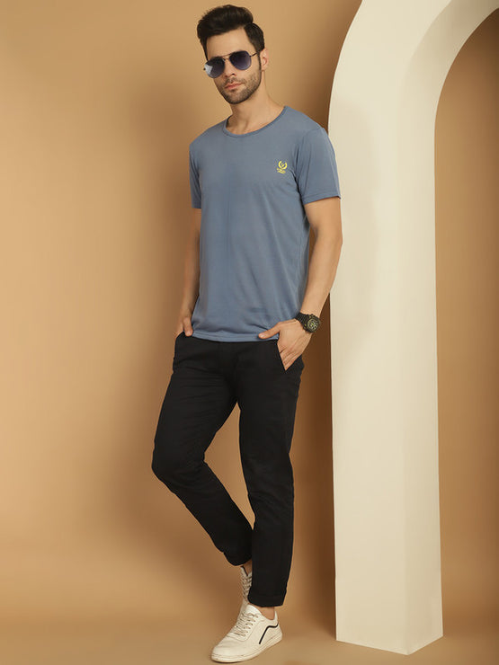 Mack Jonney Round Neck Cotton Solid Dark Grey T-Shirt for Men