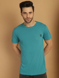 Mack Jonney Round Neck Cotton Solid Ferozi T-Shirt for Men