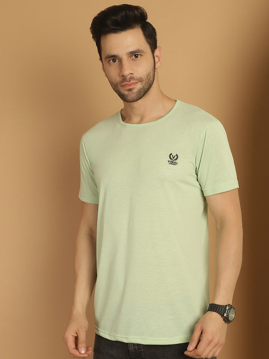 Mack Jonney Round Neck Cotton Solid Light Green T-Shirt for Men