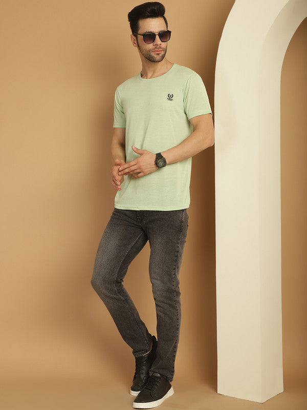 Mack Jonney Round Neck Cotton Solid Light Green T-Shirt for Men