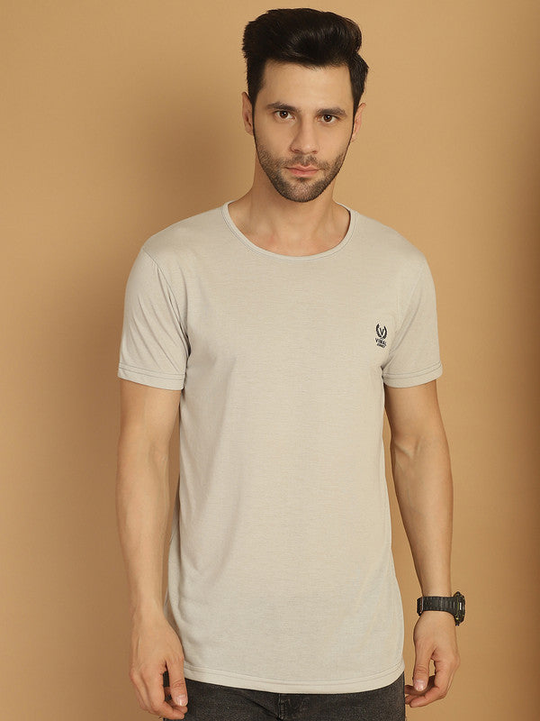 Mack Jonney Round Neck Cotton Solid Light Grey T-Shirt for Men