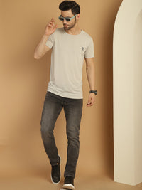 Mack Jonney Round Neck Cotton Solid Light Grey T-Shirt for Men