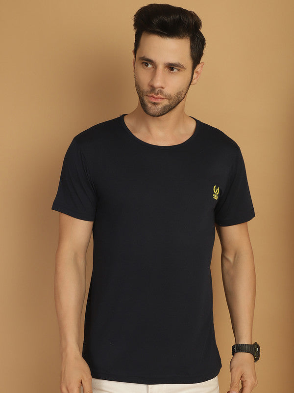 Mack Jonney Round Neck Cotton Solid Navy Blue T-Shirt for Men