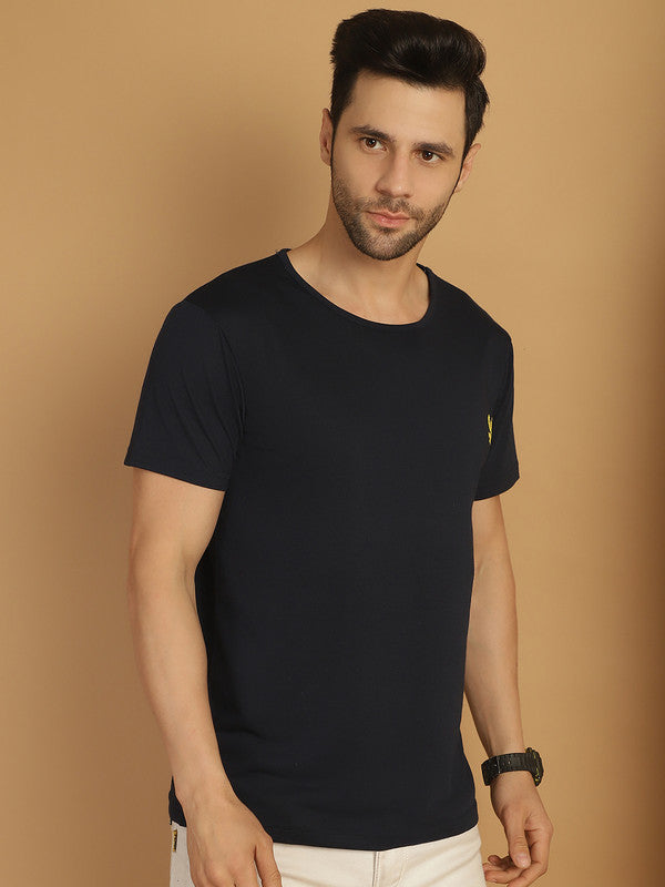 Mack Jonney Round Neck Cotton Solid Navy Blue T-Shirt for Men