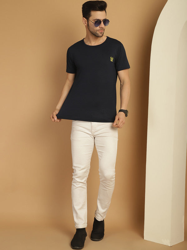 Mack Jonney Round Neck Cotton Solid Navy Blue T-Shirt for Men