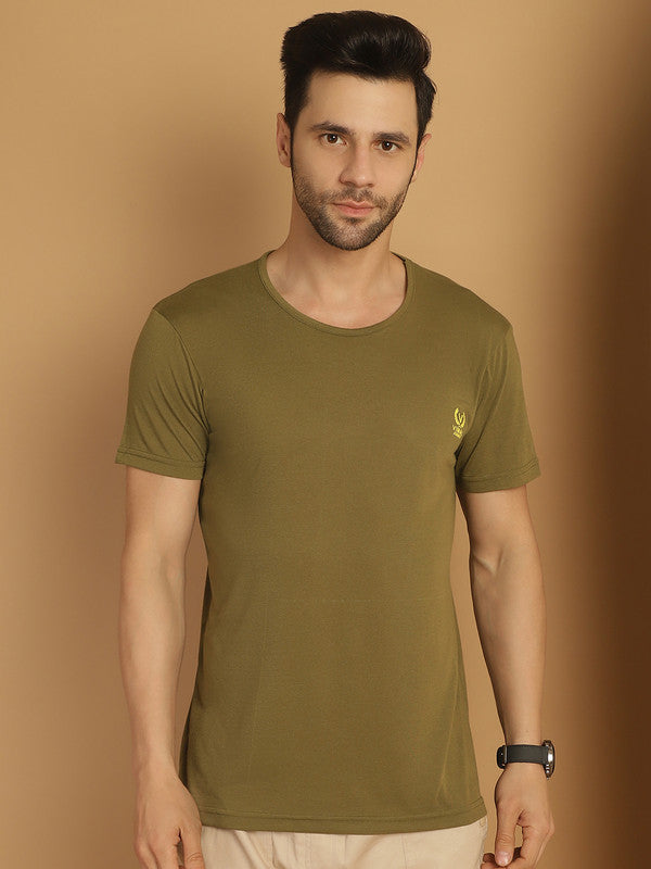 Mack Jonney Round Neck Cotton Solid Olive T-Shirt for Men