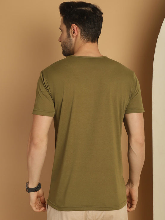 Mack Jonney Round Neck Cotton Solid Olive T-Shirt for Men