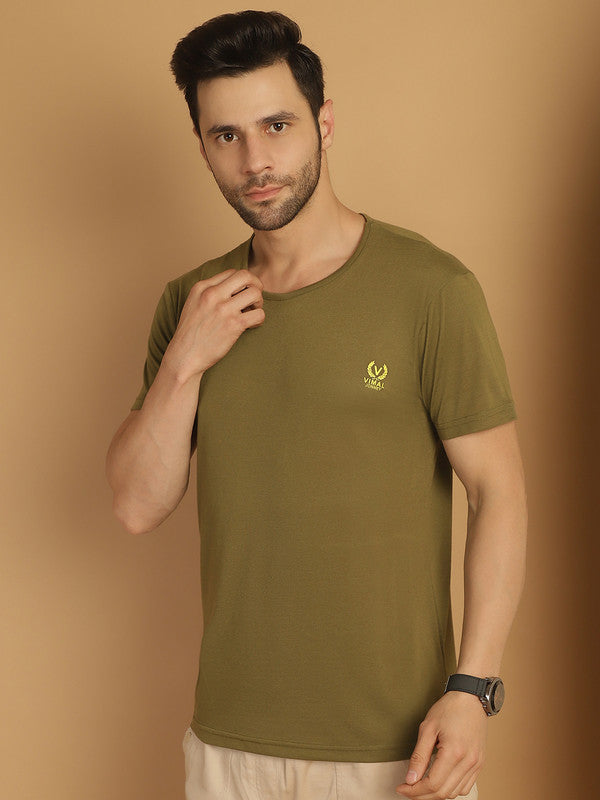 Mack Jonney Round Neck Cotton Solid Olive T-Shirt for Men