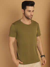 Mack Jonney Round Neck Cotton Solid Olive T-Shirt for Men