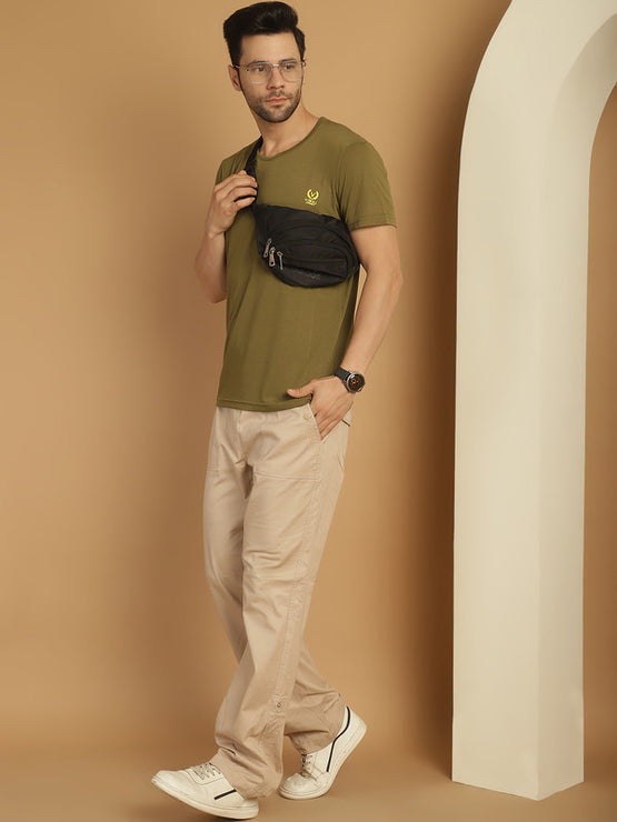 Mack Jonney Round Neck Cotton Solid Olive T-Shirt for Men