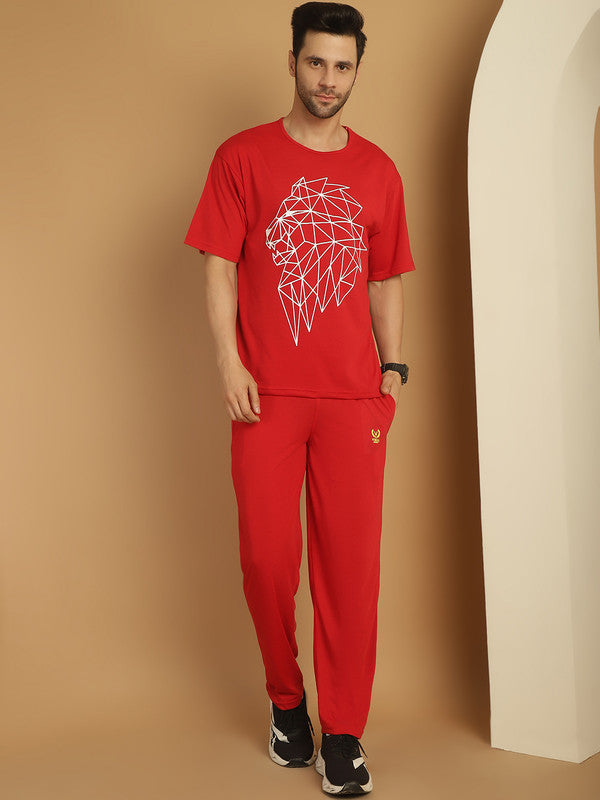 Mack Jonney Printed  Red Round Neck Cotton Oversize Half sleeves Co-ord set Tracksuit For Men