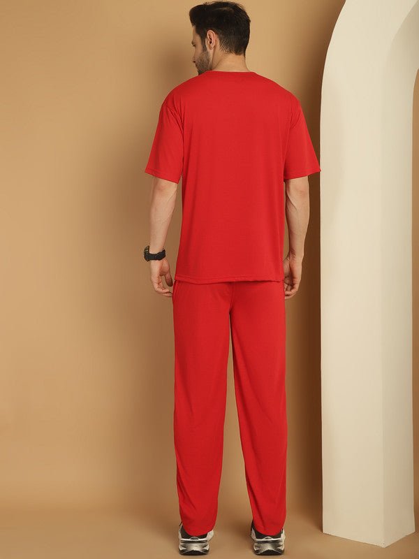 Mack Jonney Printed  Red Round Neck Cotton Oversize Half sleeves Co-ord set Tracksuit For Men