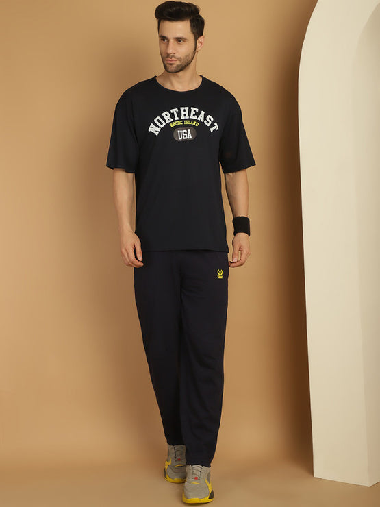 Mack Jonney Printed  Navy Round Neck Cotton Oversize Half sleeves Co-ord set Tracksuit For Men