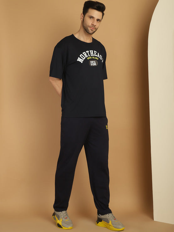 Mack Jonney Printed  Navy Round Neck Cotton Oversize Half sleeves Co-ord set Tracksuit For Men