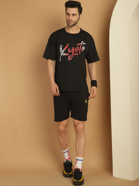 Mack Jonney Printed  Black Round Neck Cotton Oversize Half sleeves Co-ord set Tracksuit For Men