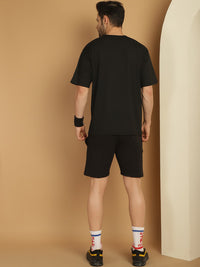 Mack Jonney Printed  Black Round Neck Cotton Oversize Half sleeves Co-ord set Tracksuit For Men