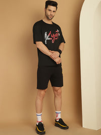 Mack Jonney Printed  Black Round Neck Cotton Oversize Half sleeves Co-ord set Tracksuit For Men
