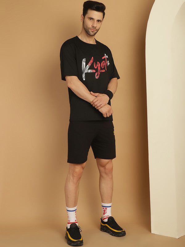 Mack Jonney Printed  Black Round Neck Cotton Oversize Half sleeves Co-ord set Tracksuit For Men