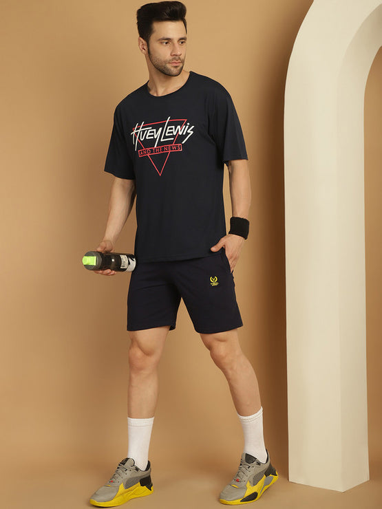 Mack Jonney Printed  Navy Round Neck Cotton Oversize Half sleeves Co-ord set Tracksuit For Men