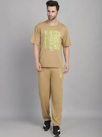 Mack Jonney Printed  Beige Round Neck Cotton Oversize Half sleeves Co-ord set Tracksuit For Men