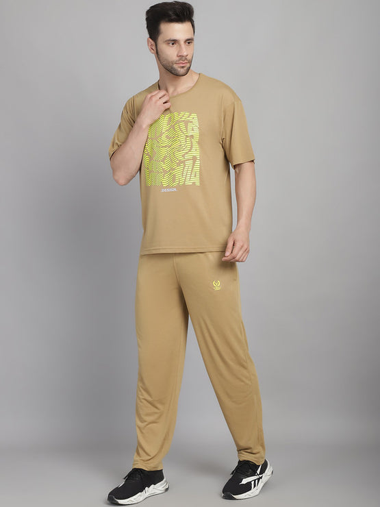Mack Jonney Printed  Beige Round Neck Cotton Oversize Half sleeves Co-ord set Tracksuit For Men