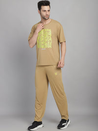 Mack Jonney Printed  Beige Round Neck Cotton Oversize Half sleeves Co-ord set Tracksuit For Men