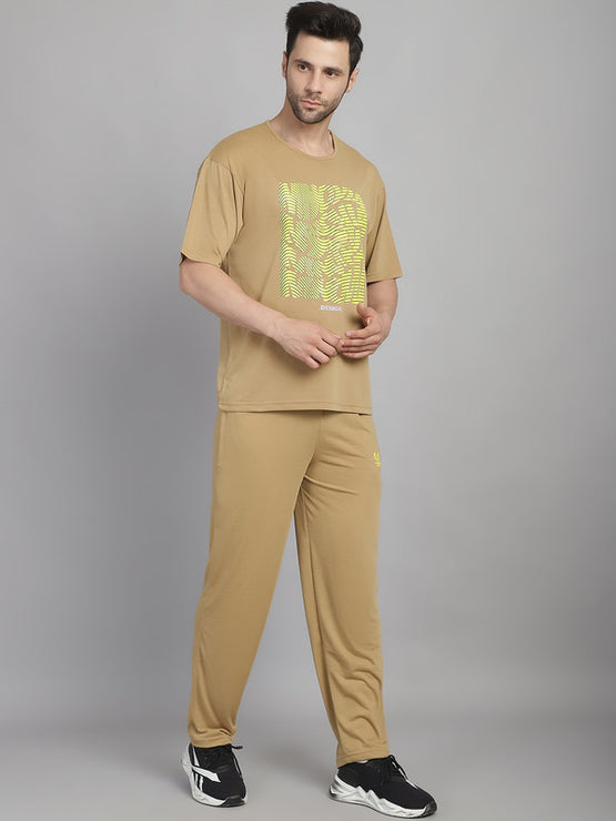 Mack Jonney Printed  Beige Round Neck Cotton Oversize Half sleeves Co-ord set Tracksuit For Men