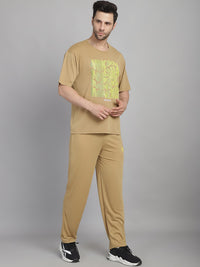 Mack Jonney Printed  Beige Round Neck Cotton Oversize Half sleeves Co-ord set Tracksuit For Men