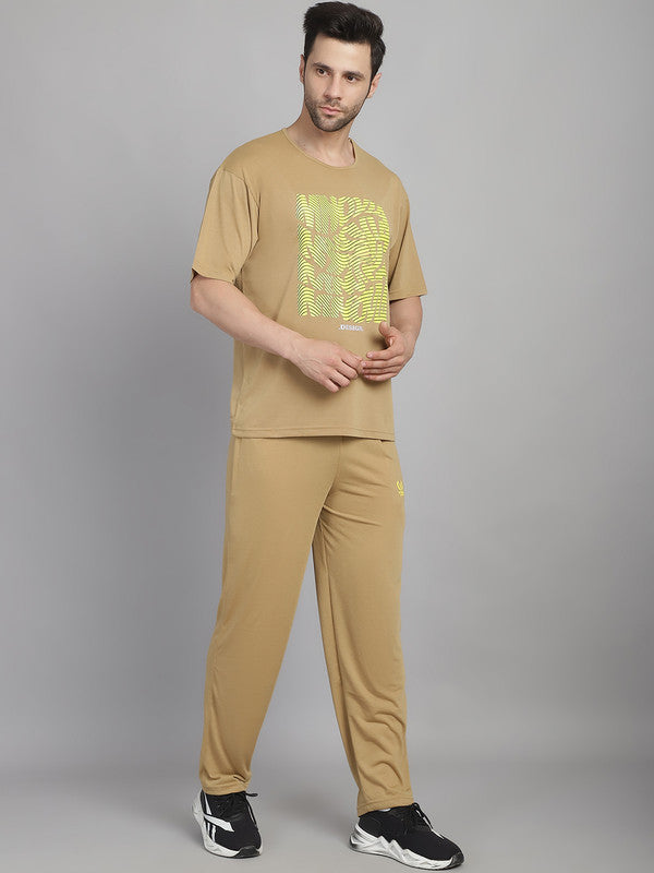 Mack Jonney Printed  Beige Round Neck Cotton Oversize Half sleeves Co-ord set Tracksuit For Men