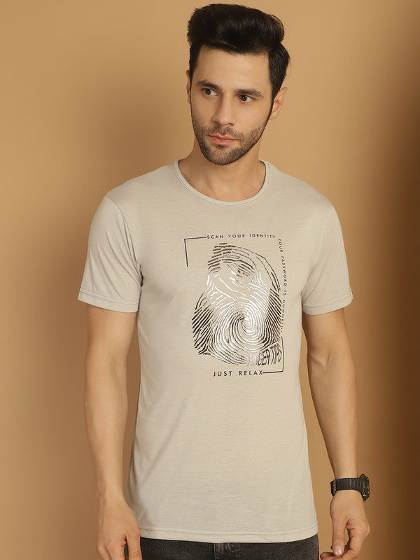 Mack Jonney Round Neck Cotton Printed Light Grey T-Shirt for Men