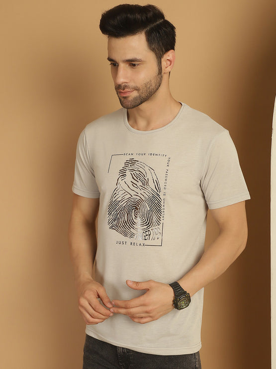 Mack Jonney Round Neck Cotton Printed Light Grey T-Shirt for Men