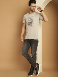 Mack Jonney Round Neck Cotton Printed Light Grey T-Shirt for Men