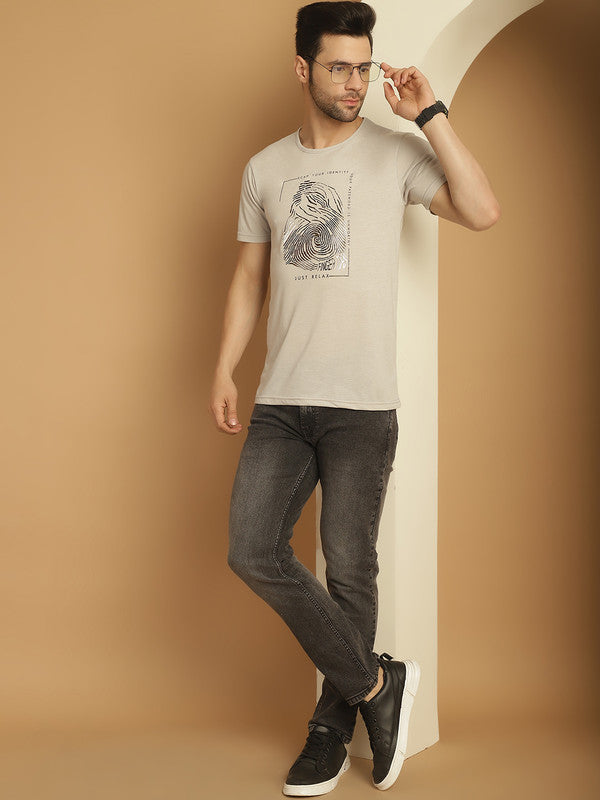 Mack Jonney Round Neck Cotton Printed Light Grey T-Shirt for Men