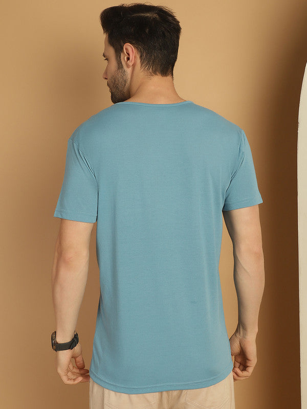 Mack Jonney Round Neck Cotton Printed Blue T-Shirt for Men