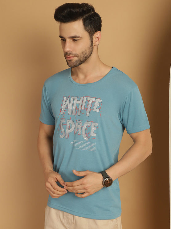 Mack Jonney Round Neck Cotton Printed Blue T-Shirt for Men