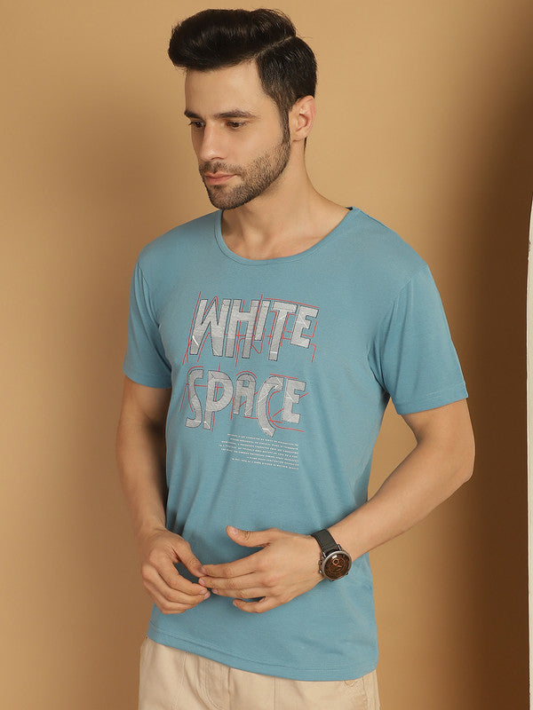 Mack Jonney Round Neck Cotton Printed Blue T-Shirt for Men