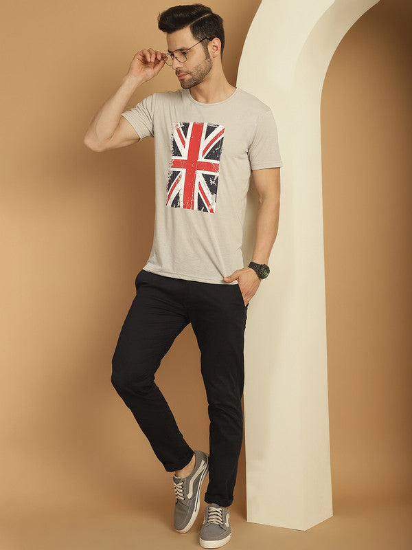 Mack Jonney Round Neck Cotton Printed Grey Melange T-Shirt for Men