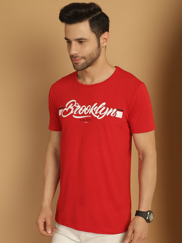 Mack Jonney Round Neck Cotton Printed Red T-Shirt for Men