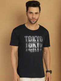 Mack Jonney Round Neck Cotton Printed Navy Blue T-Shirt for Men