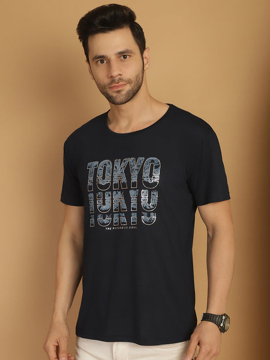 Mack Jonney Round Neck Cotton Printed Navy Blue T-Shirt for Men