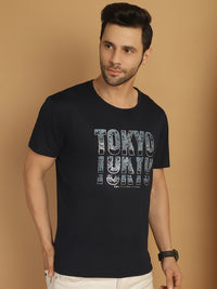 Mack Jonney Round Neck Cotton Printed Navy Blue T-Shirt for Men