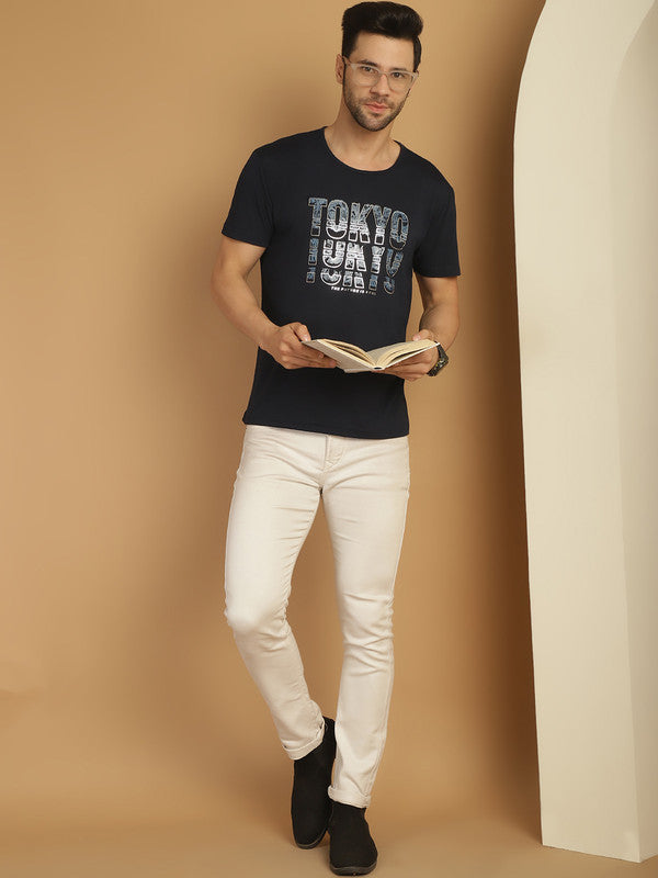 Mack Jonney Round Neck Cotton Printed Navy Blue T-Shirt for Men