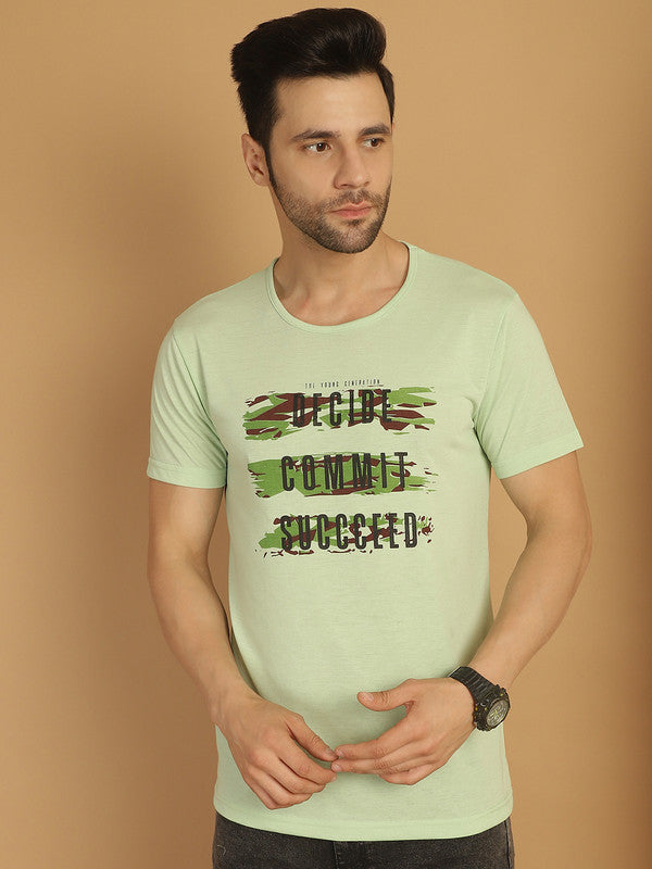 Mack Jonney Round Neck Cotton Printed Light Green T-Shirt for Men