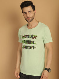 Mack Jonney Round Neck Cotton Printed Light Green T-Shirt for Men