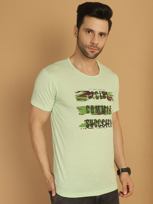 Mack Jonney Round Neck Cotton Printed Light Green T-Shirt for Men