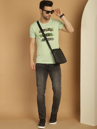 Mack Jonney Round Neck Cotton Printed Light Green T-Shirt for Men