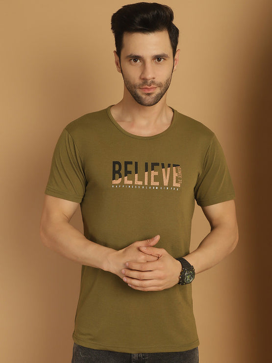 Mack Jonney Round Neck Cotton Printed Olive T-Shirt for Men