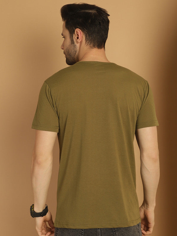 Mack Jonney Round Neck Cotton Printed Olive T-Shirt for Men