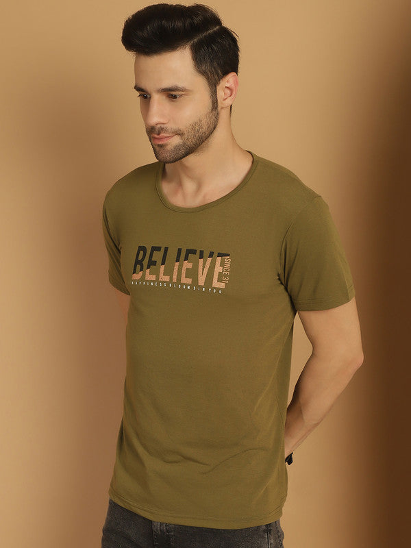 Mack Jonney Round Neck Cotton Printed Olive T-Shirt for Men